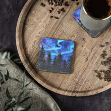 Load image into Gallery viewer, Corkwood underside, glossy finish on top. 1 or 4 pc sets. 9.5 x 9.5cm. Aurora Borealis, Aurora Australis, northern lights