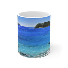 Load image into Gallery viewer, 11oz BPA, lead-free, microwave/dishwasher safe, white ceramic, vivid colours. Many original artworks by Kerry Sandhu Art
