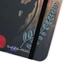 Load image into Gallery viewer, Phone case wallet with an Australian and New Zealand soldier back to back with light-horsemen in the background and poppies in the foreground