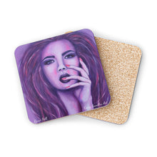 Load image into Gallery viewer, Corkwood underside, glossy finish on top. 1 or 4 pc sets. 9.5x9.5cm. Sensual portrait of a woman with her fingers on her face