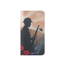 Load image into Gallery viewer, Phone case wallet with an Australian and New Zealand soldier back to back with light-horsemen in the background and poppies in the foreground