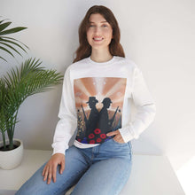 Load image into Gallery viewer, Sweatshirt with an Australian and New Zealand soldier back to back with light-horsemen in the background and poppies in the foreground