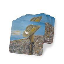 Load image into Gallery viewer, Corkwood underside, glossy finish on top. 1 or 4 pc sets. 9.5 x 9.5cm. ANZAC slouch hat sitting on a gun