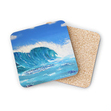 Load image into Gallery viewer, Corkwood underside, glossy finish on top. 1 or 4 pc sets. 9.5 x 9.5cm. Crashing wave over a reef. Surf wave, blue water