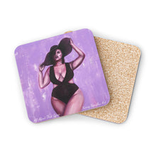 Load image into Gallery viewer, Corkwood underside, glossy finish on top. 1 or 4 pc sets. 9.5 x 9.5cm. A curvy woman in bathers holding on to a large hat