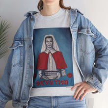 Load image into Gallery viewer, WWI Nurse in a red cape, holding a pan with red poppies and the word Devotion at the bottom