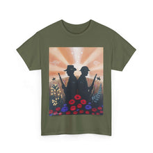 Load image into Gallery viewer, T-shirt with an Australian and New Zealand soldier back to back with light-horsemen in the background and poppies in the foreground