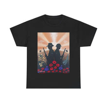 Load image into Gallery viewer, T-shirt with an Australian and New Zealand soldier back to back with light-horsemen in the background and poppies in the foreground