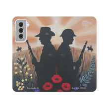Load image into Gallery viewer, Phone case wallet with an Australian and New Zealand soldier back to back with light-horsemen in the background and poppies in the foreground