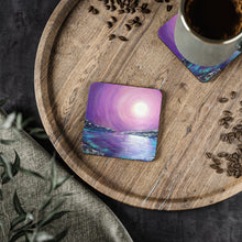 Load image into Gallery viewer, Corkwood underside, glossy finish on top. 1 or 4 pc sets. 9.5 x 9.5cm. Mystical landscape, seascape full moon & reflections