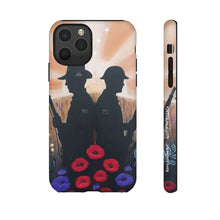 Load image into Gallery viewer, Phone case with an Australian and New Zealand soldier back to back with light-horsemen in the background and poppies in the foreground