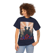 Load image into Gallery viewer, T-shirt with an Australian and New Zealand soldier back to back with light-horsemen in the background and poppies in the foreground