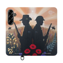 Load image into Gallery viewer, Phone case wallet with an Australian and New Zealand soldier back to back with light-horsemen in the background and poppies in the foreground