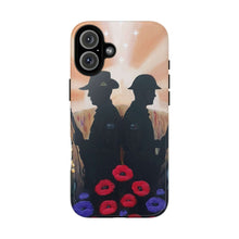 Load image into Gallery viewer, Phone case with an Australian and New Zealand soldier back to back with light-horsemen in the background and poppies in the foreground