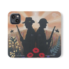 Load image into Gallery viewer, Phone case wallet with an Australian and New Zealand soldier back to back with light-horsemen in the background and poppies in the foreground