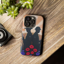 Load image into Gallery viewer, Phone case with an Australian and New Zealand soldier back to back with light-horsemen in the background and poppies in the foreground