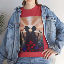 Load image into Gallery viewer, T-shirt with an Australian and New Zealand soldier back to back with light-horsemen in the background and poppies in the foreground