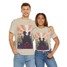 Load image into Gallery viewer, T-shirt with an Australian and New Zealand soldier back to back with light-horsemen in the background and poppies in the foreground