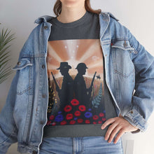 Load image into Gallery viewer, T-shirt with an Australian and New Zealand soldier back to back with light-horsemen in the background and poppies in the foreground