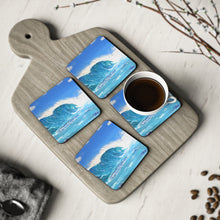 Load image into Gallery viewer, Corkwood underside, glossy finish on top. 1 or 4 pc sets. 9.5 x 9.5cm. Crashing wave over a reef. Surf wave, blue water