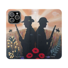 Load image into Gallery viewer, Phone case wallet with an Australian and New Zealand soldier back to back with light-horsemen in the background and poppies in the foreground