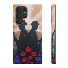 Load image into Gallery viewer, Phone case with an Australian and New Zealand soldier back to back with light-horsemen in the background and poppies in the foreground