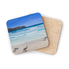 Load image into Gallery viewer, Corkwood underside, glossy finish on top. 1 or 4 pc sets. 9.5x9.5cm. Kangaroos on Lucky Bay Beach Esperance Western Australia