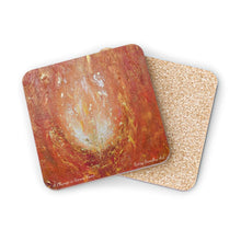Load image into Gallery viewer, Corkwood underside, glossy finish on top. Available in 1 or 4 pc sets. 9.5 x 9.5cm. Abstract orange, yellow & gold flame