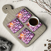 Load image into Gallery viewer, Corkwood underside, glossy finish on top. 1 or 4 pc sets. 9.5 x 9.5cm. Beautiful cherry blossom pink, purple & white flowers