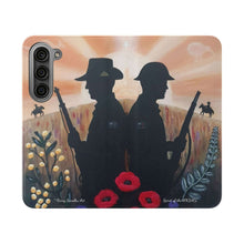 Load image into Gallery viewer, Phone case wallet with an Australian and New Zealand soldier back to back with light-horsemen in the background and poppies in the foreground