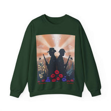 Load image into Gallery viewer, Sweatshirt with an Australian and New Zealand soldier back to back with light-horsemen in the background and poppies in the foreground