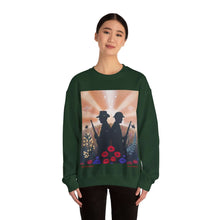 Load image into Gallery viewer, Sweatshirt with an Australian and New Zealand soldier back to back with light-horsemen in the background and poppies in the foreground
