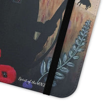 Load image into Gallery viewer, Phone case wallet with an Australian and New Zealand soldier back to back with light-horsemen in the background and poppies in the foreground