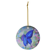 Load image into Gallery viewer, Original artwork front, description on back. Thick high-quality porcelain. 7cm diameter. Comes w/ ribbon by Kerry Sandhu Art