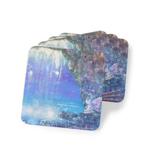 Load image into Gallery viewer, Corkwood underside, glossy finish on top. 1 or 4 pc sets. 9.5 x 9.5cm. Whimsical fairy playground behind a waterfall