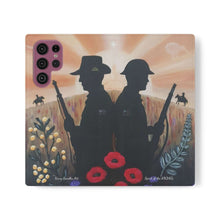Load image into Gallery viewer, Phone case wallet with an Australian and New Zealand soldier back to back with light-horsemen in the background and poppies in the foreground