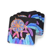 Load image into Gallery viewer, Corkwood underside, glossy finish on top. 1 or 4 pc sets. 9.5 x 9.5cm. Colourful feathered dreamcatcher w/ a black background