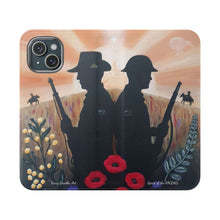 Load image into Gallery viewer, Phone case wallet with an Australian and New Zealand soldier back to back with light-horsemen in the background and poppies in the foreground