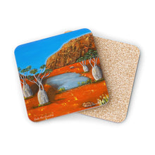 Load image into Gallery viewer, Corkwood underside, glossy finish on top. Available in 1 or 4 pc sets. 9.5 x 9.5cm. Outback Australia, Uluru, Boab trees, emu