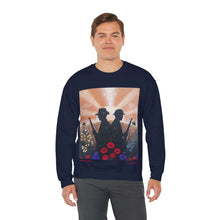 Load image into Gallery viewer, Sweatshirt with an Australian and New Zealand soldier back to back with light-horsemen in the background and poppies in the foreground