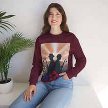 Load image into Gallery viewer, Sweatshirt with an Australian and New Zealand soldier back to back with light-horsemen in the background and poppies in the foreground