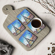 Load image into Gallery viewer, Corkwood underside, glossy finish on top. 1 or 4 pc sets. 9.5 x 9.5cm. Impressionistic painting of the iconic Eiffel Tower