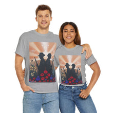 Load image into Gallery viewer, T-shirt with an Australian and New Zealand soldier back to back with light-horsemen in the background and poppies in the foreground