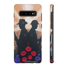 Load image into Gallery viewer, Phone case with an Australian and New Zealand soldier back to back with light-horsemen in the background and poppies in the foreground