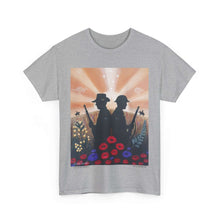 Load image into Gallery viewer, T-shirt with an Australian and New Zealand soldier back to back with light-horsemen in the background and poppies in the foreground