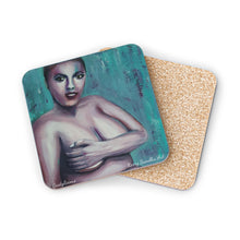 Load image into Gallery viewer, Corkwood underside, glossy finish top. 1 or 4pc sets. 9.5x9.5cm. Sassy woman embracing her curves, loving the skin she is in