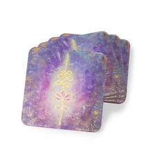 Load image into Gallery viewer, Corkwood underside, glossy finish on top. 1 or 4 pc sets. 9.5x9.5cm. Spiritual symbol of a unalome on purple background