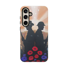 Load image into Gallery viewer, Phone case with an Australian and New Zealand soldier back to back with light-horsemen in the background and poppies in the foreground