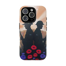 Load image into Gallery viewer, Phone case with an Australian and New Zealand soldier back to back with light-horsemen in the background and poppies in the foreground