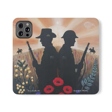 Load image into Gallery viewer, Phone case wallet with an Australian and New Zealand soldier back to back with light-horsemen in the background and poppies in the foreground